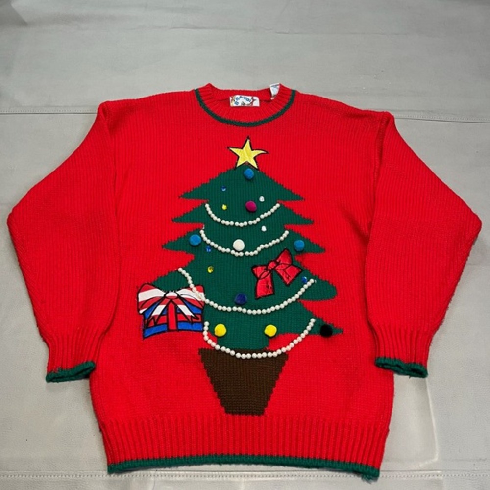 VTG 90s Christmas Tree Sweater‎ Red Bead Y2K Festive Ugly Holiday Office Knit L-